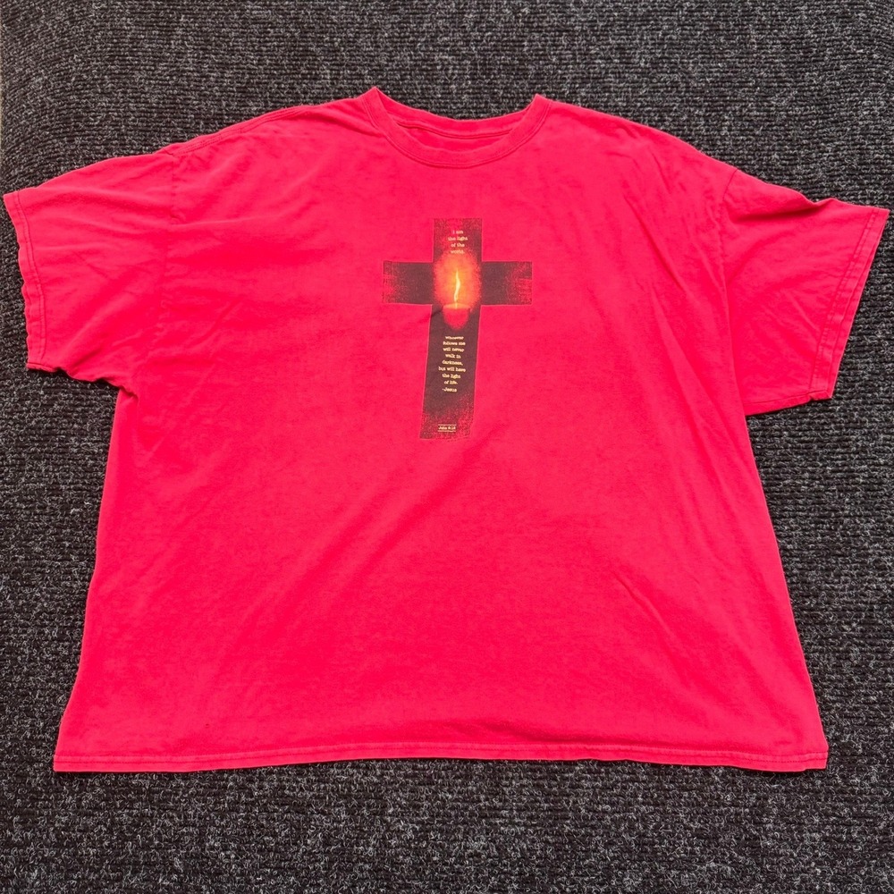 Vintage Christian Cross Candle John 8:12 Religious Graphic T-Shirt Red Mens 2XL